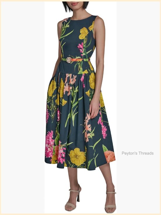 Dresses & Skirts - Sleeveless Boat Neck Drop Waist Belted Midi Dress with Floral Pattern
